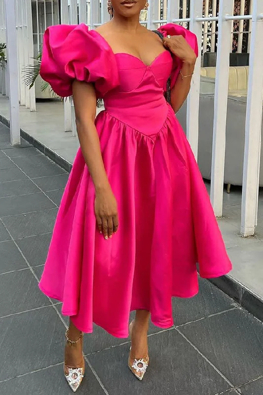 Women's Evening Wear Outfit Don'T Miss Out Solid Color Puff Sleeve Classic A-Line Midi Dress