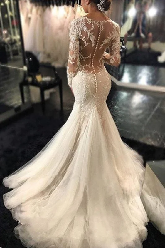 Women's High-Fashion Garments Pastel Styles Gorgeous Ivory Long Sleeves Mermaid V-Neck Wedding Dresses With Lace Appliques