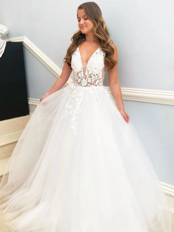 Fashion-Forward Women's Clothing Great Prices On Feminine Styles Deep V Neck White Lace Floral Long Prom Dresses, White Lace Wedding Dresses, White Formal Evening Dresses SP2109