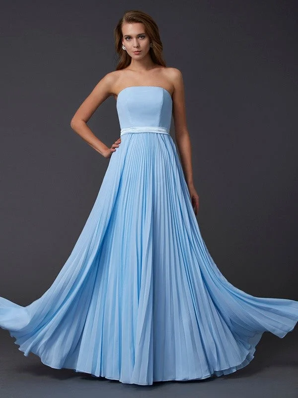 Stylish Women's Outfit Cool Prices A-Line/Princess Strapless Sleeveless Ruched Long Chiffon Dresses