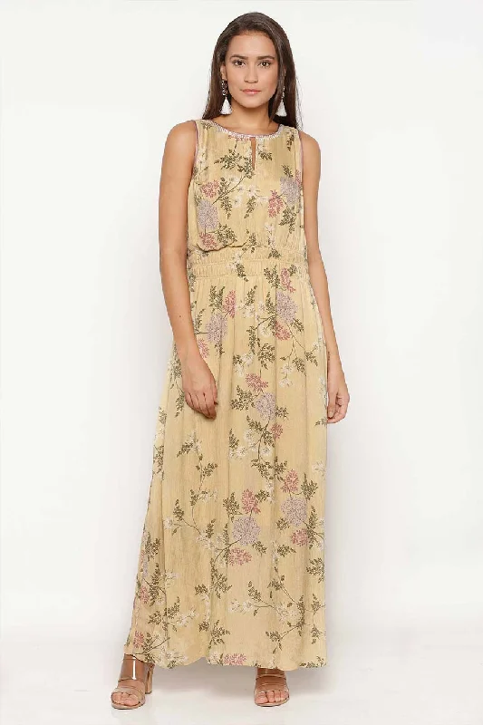 Women's Vacation Garments Special Occasion Wear Yellow Printed Gathered Maxi Dress