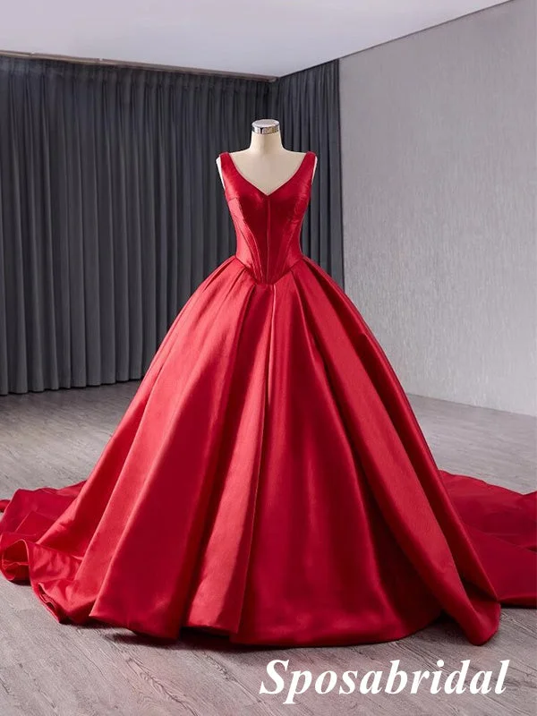 Women's Vacation Outfit Fashion Sale Elegant Red Satin Spaghetti Straps Sleeveless A-Line Ball Gown Long Prom Dress Formal Party Dress, PD3989