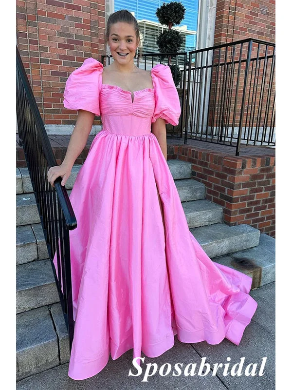 Women's Holiday Outfit Exclusive Discounts Sweet Pink Satin Half Sleeves A-Line Long Prom Dresses With Bow Tie, PD3889