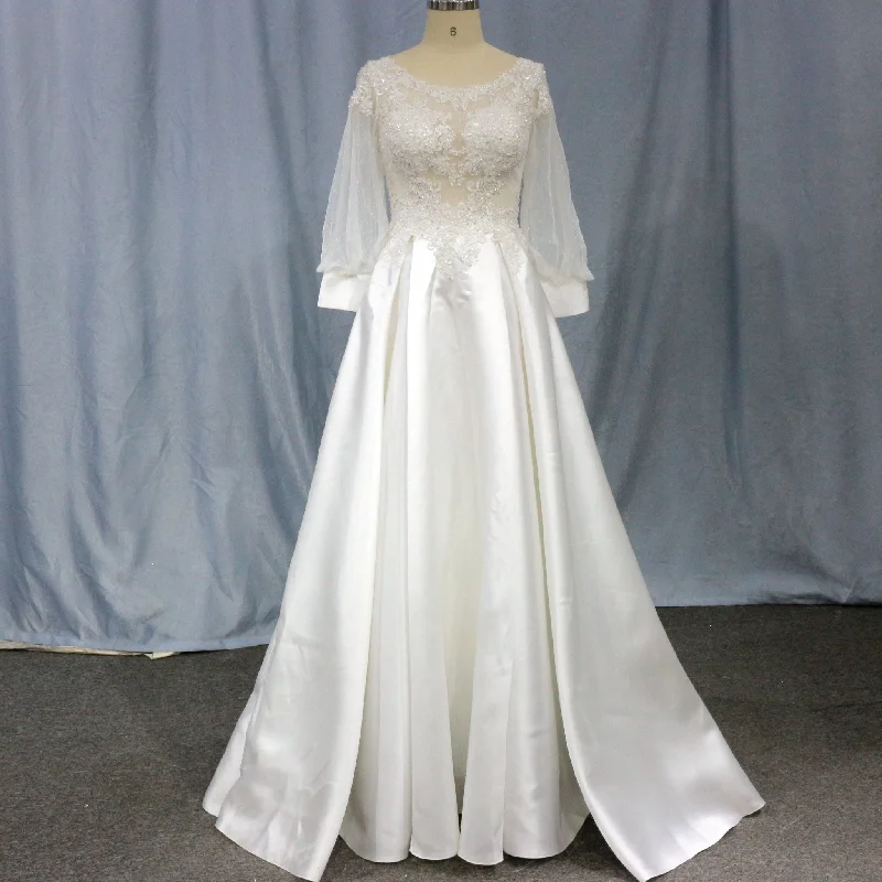 Women's Casual Outfit Clearance Event Simple Satin&Lace Lantern Sleeve Wedding Dress Illusion