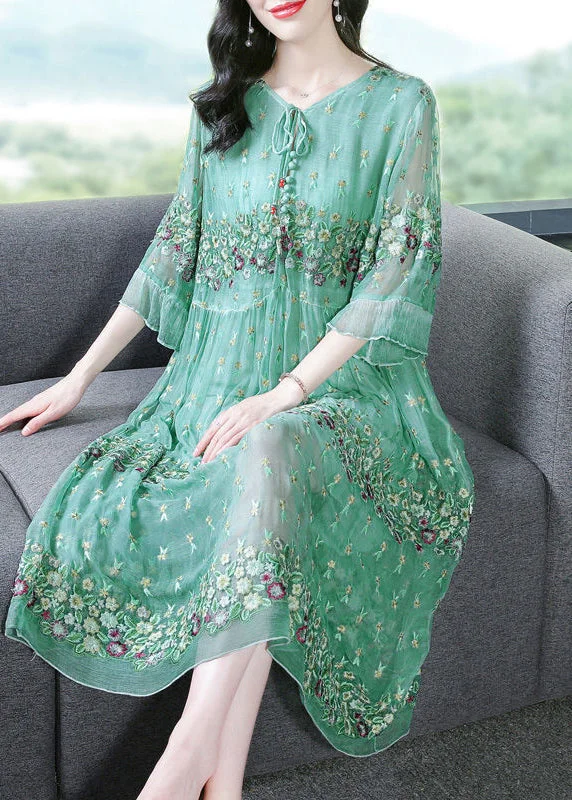 Women's Chic Apparel Trend Setting Wardrobe Fine Grass Green Embroideried Patchwork Silk Maxi Dresses Summer