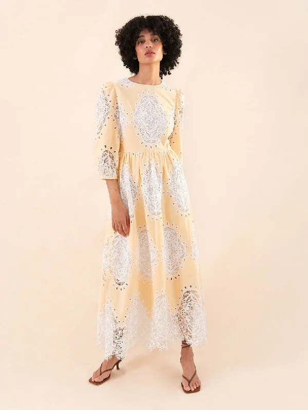 Women's Transitional Garments Casual Yet Stylish Separates Constance Round Neck Lace Midi Dress - Pale Yellow - SALE