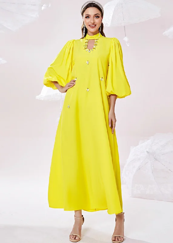 Stylish Women's Outerwear Apparel Quality Driven Apparel Fine Yellow Stand Collar Zircon Holiday Chiffon Maxi Dress Lantern Sleeve