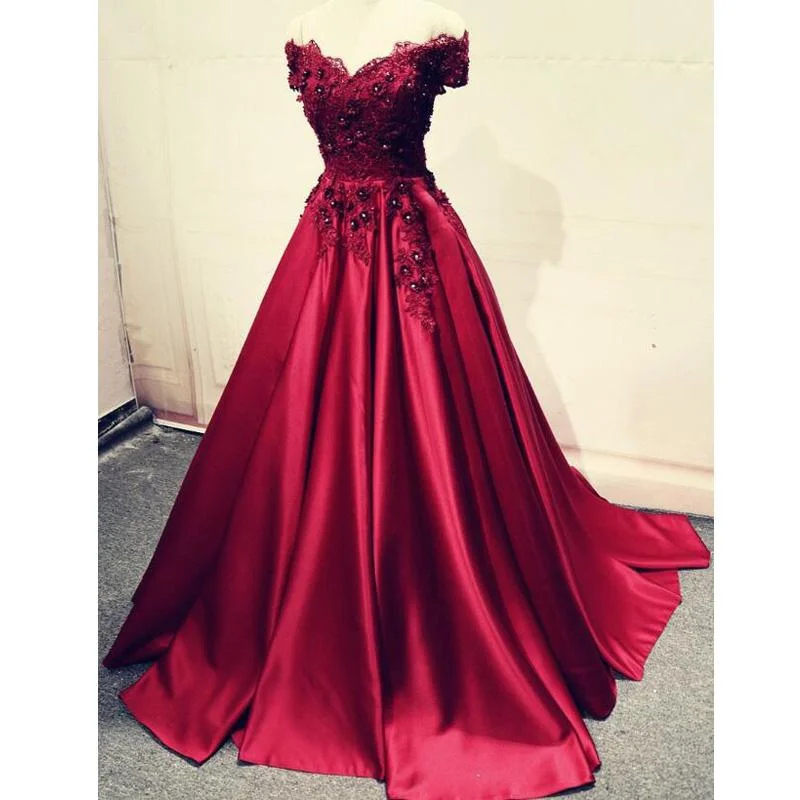 Women's Floral Print Outfit Browse Our Top Products Charming A-Line Off-the-Shoulder Pleated Burgundy Satin Prom Dress with Appliques, PD1223