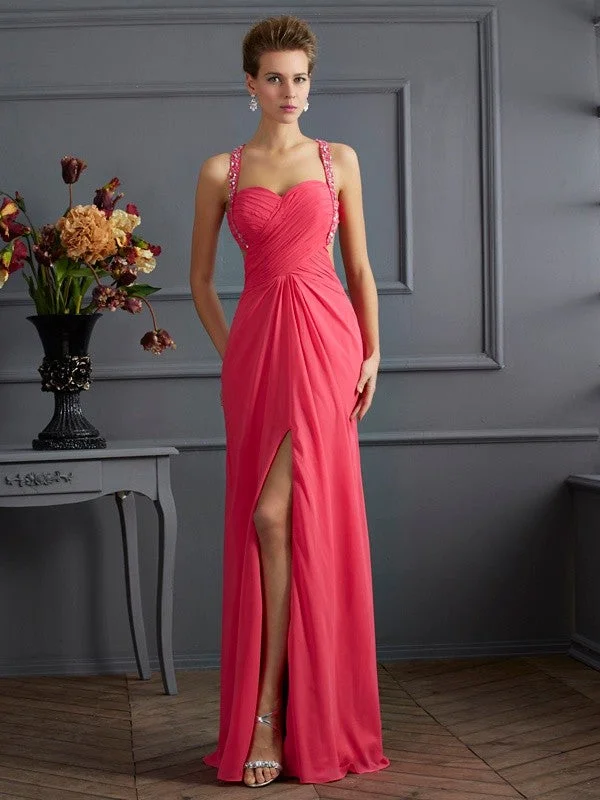 Women's Relaxed Outfit Evening Looks A-Line/Princess Sleeveless Strapless Beading Long Chiffon Dresses