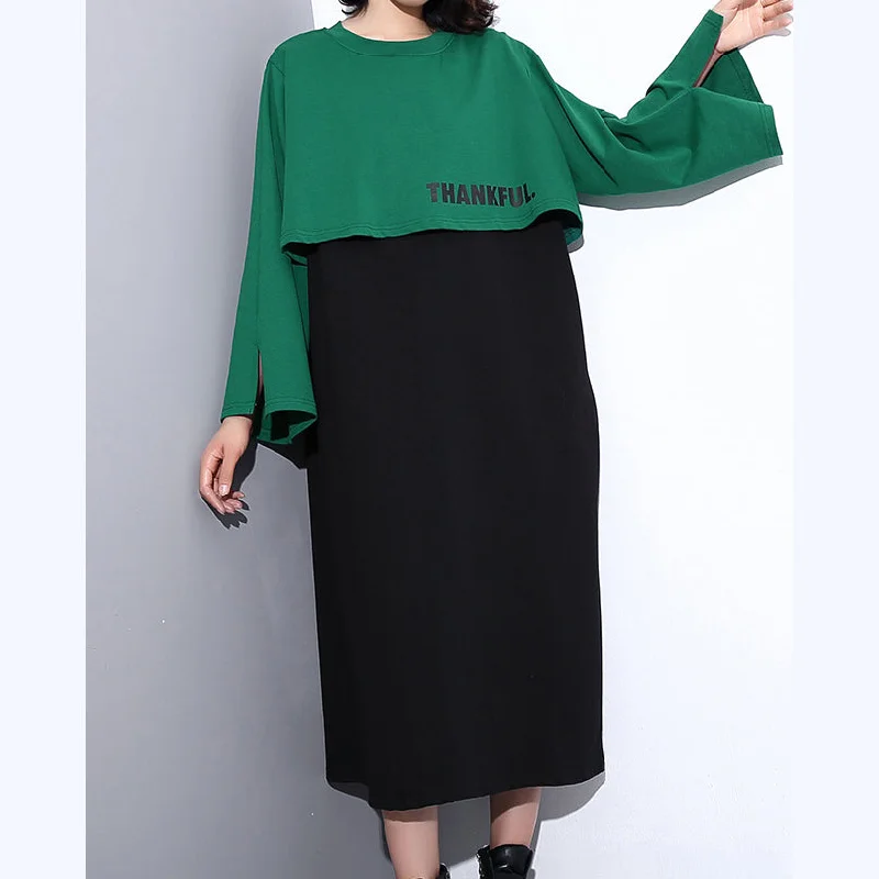 Women's Clothing And Garments Sets Wardrobe Upgrade Elegant green autumn cotton dress oversized O neck gown New faux two pieces caftans