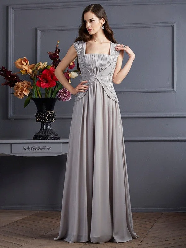 Women's Party Outfit Limited-Time Offer A-Line/Princess Square Sleeveless Beading Long Chiffon Dresses