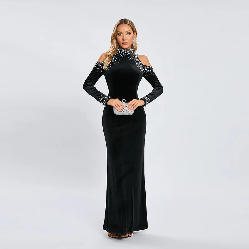 Women's Vintage Attire Feminine Soft - Hued Styles High Neck Long Sleeve Elegant Maxi Dress KLYF1364