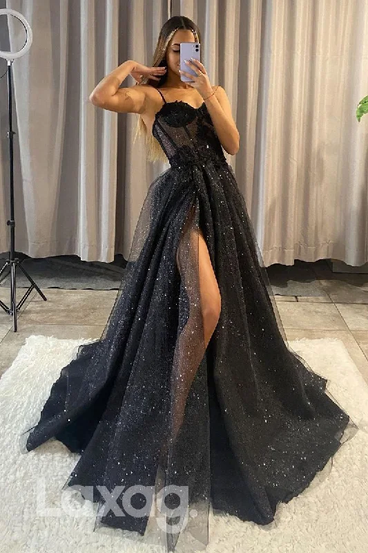 Women's Weekend Outfit Fashion Forward Femme 13784 - Spaghetti Glitter Bone Bodice Thigh Slit Tulle Prom Gown