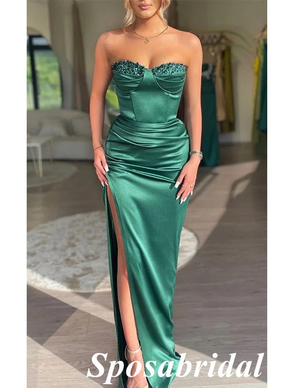 Women's Vintage-Inspired Outfit Sale Event, Prices Rock Sexy Soft Satin Sweetheart Sleeveless Side Slit Mermaid Long Prom Dresses With Beading, PD3939