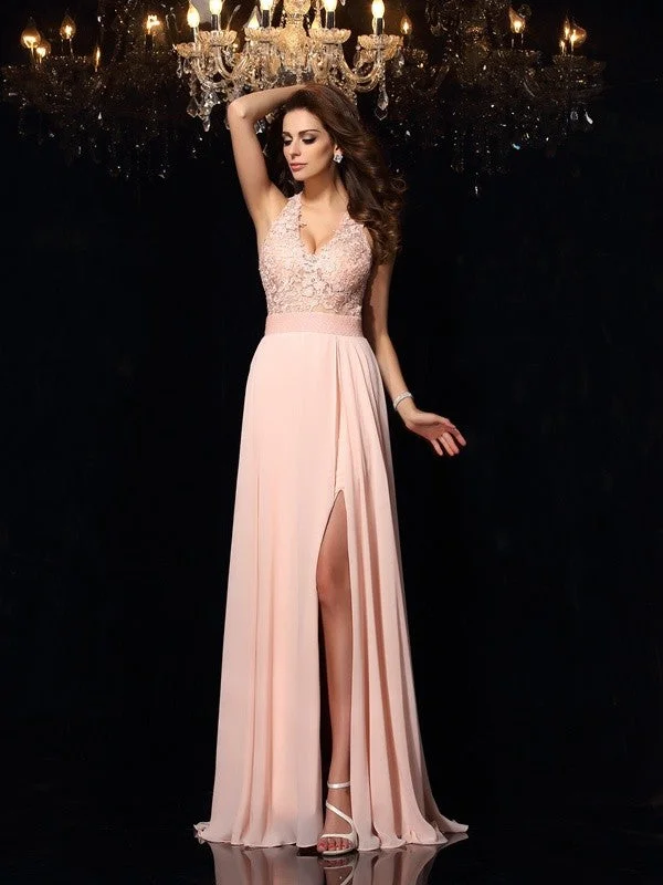 Women's High-Fashion Clothes Trendy Attire For Her A-Line/Princess Halter Lace Sleeveless Long Chiffon Dresses