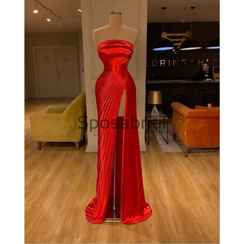 Women's Holiday Attire Comfortable Chic Red Strapless Side Slit Satin Simple Modest Prom Dresses PD2089