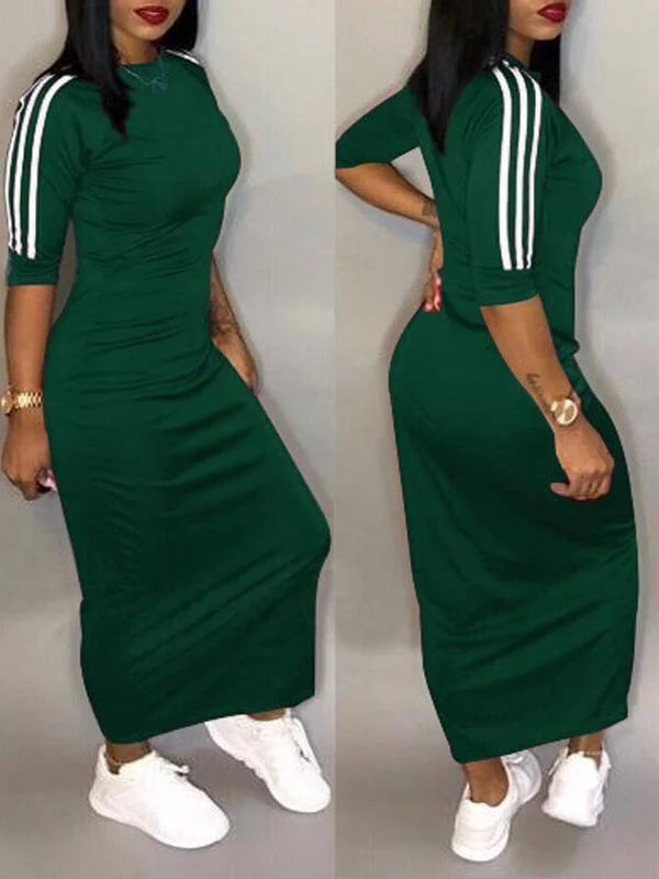 Women's Casual Wear Clothes Attire Sale Stripe-Sleeve Maxi Dress