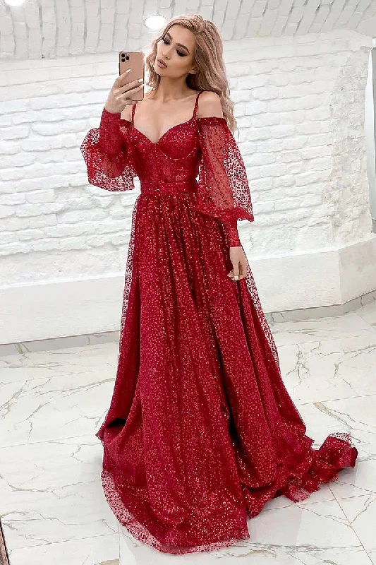 Women's Classic Outfit Fashion Forward Femininity 14742 - Spaghetti Sleeves Sequined Red Prom Gown With Sweep Train