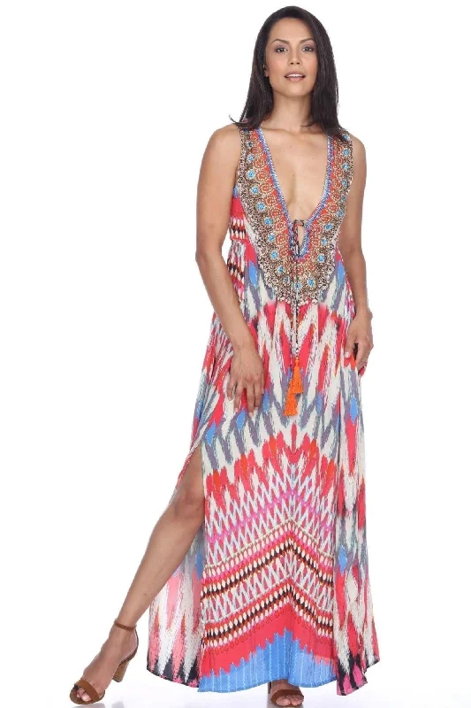 Women's Everyday Clothes Flash Sale Starts MODA 2 Slit Maxi Dress with Front Pockets and Beaded Neckline | Maxi Women's Dresses