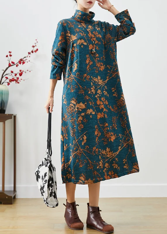 Women's Seasonal Apparel Fashion Forward Femininity Handmade Blue Turtle Neck Print Warm Fleece Maxi Dress Winter