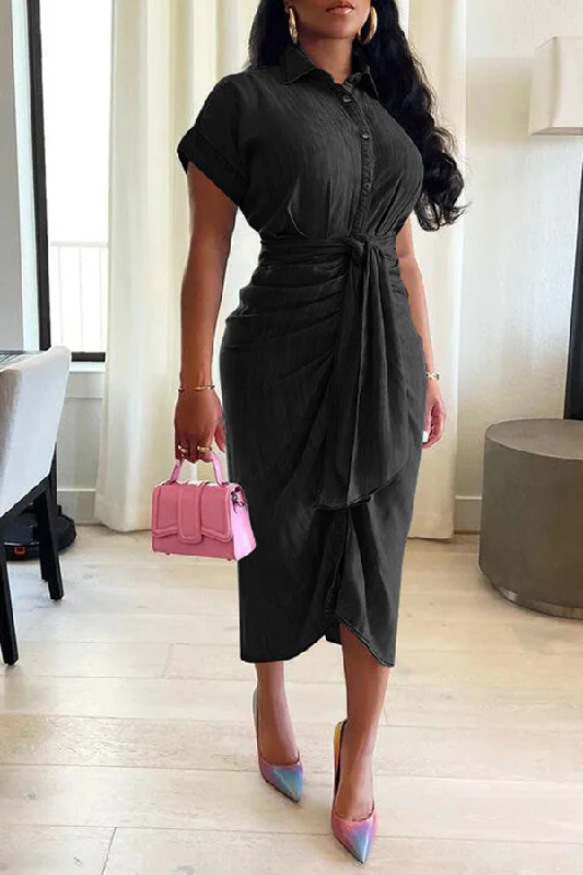 Women's Cozy Outfit For Lounging Special Offers Solid Color Single Breasted On-trend Tie Front Ruched Denim Midi Dress