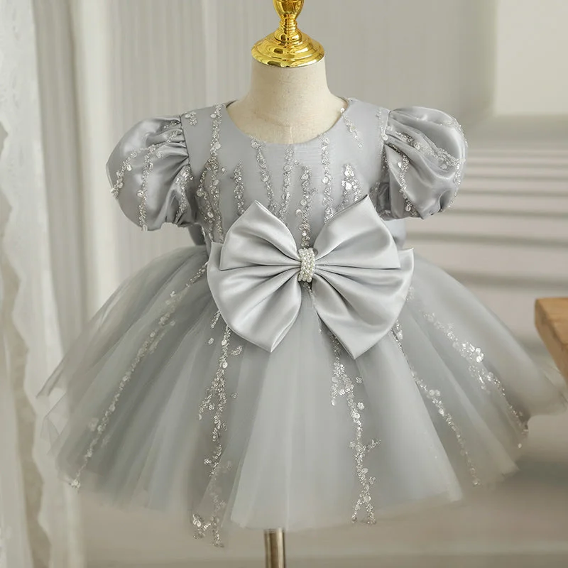 Vintage Fashion Baby Girl Flower Dress Girl Formal Princess  Birthday Sequin Puff Sleeves Dress