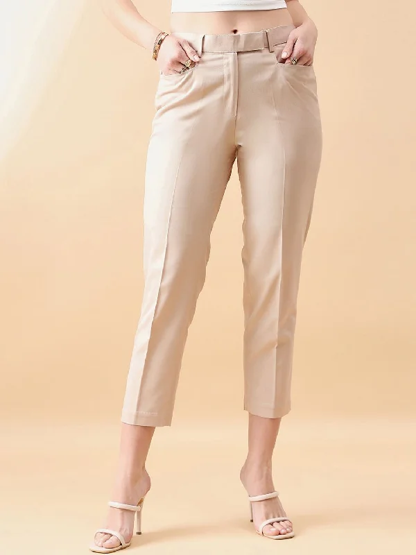 Stylish Women's Garments Father'S Day Deals Tapered Mid Waist slim fit Trouser - Beige