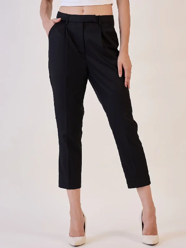 Women's Stylish Vacation Attire Beat The Heat In Tropical Styles Black Pleated High Waist Above Ankle length Trouser