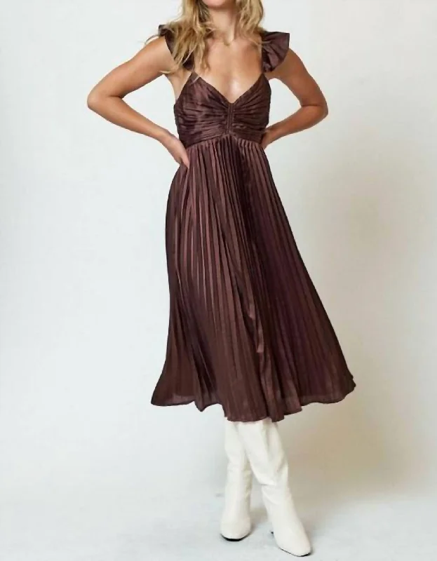 Women's Occasion Wear Clothing Discount Extravaganza Pleated Satin Ruffle Strap Midi Dress In Chocolate