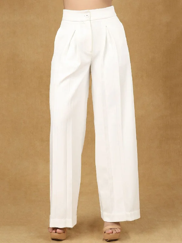 Women's Professional Attire Disco - Inspired Retro Dance Look White Inverted Pleats High Waist Trouser