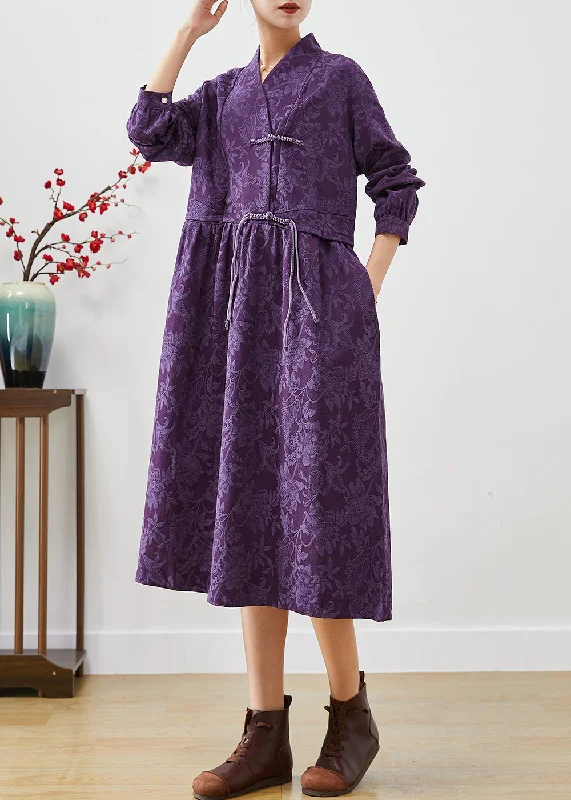 Comfortable Women's Apparel Effortless Chic Apparel Purple Jacquard Maxi Dress Tasseled Exra Large Hem Fall