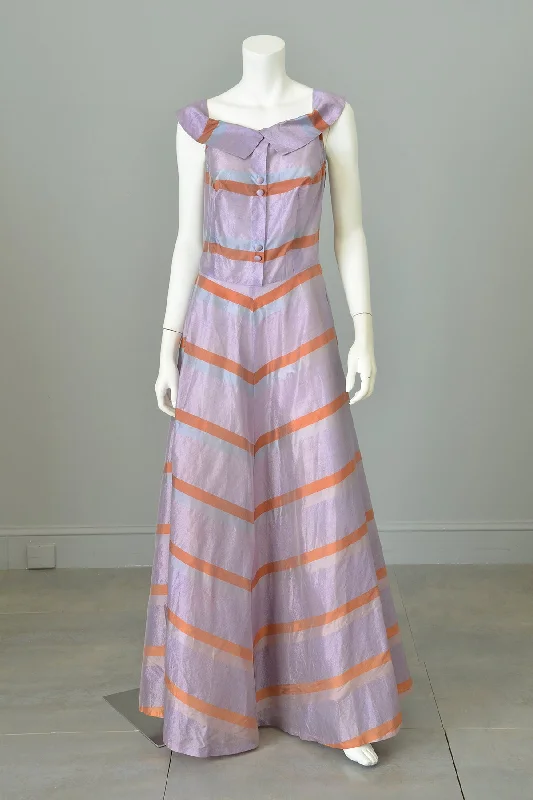 Women's Clothes And Apparel Sets Casual Fashion 1940s 50s Lilac and Copper Metallic Chevron Jumper Style Gown