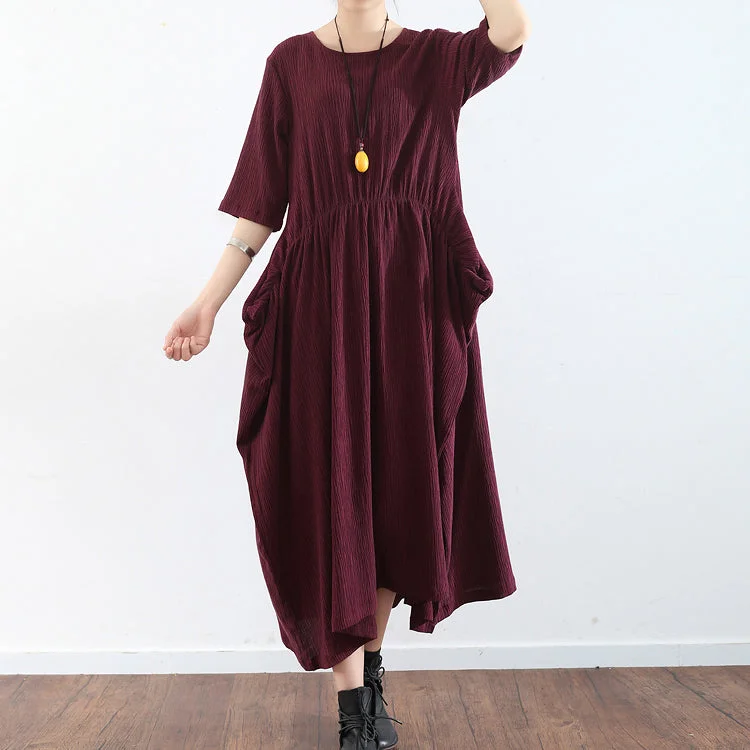 Timeless Women's Garments Elegant Styles half sleeve burgundy baggy plus size dress pleated silk dresses long silk maxi dress tunic gown