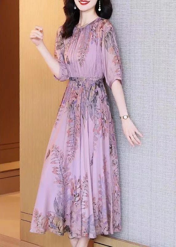 Fashionable Women's Clothes Chic Styles Fashion Purple O-Neck Print Chiffon Maxi Dresses Summer