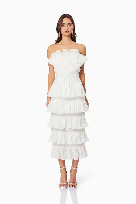 Affordable Women's Clothing Casual Chic Maya Pleated Midi Dress - White