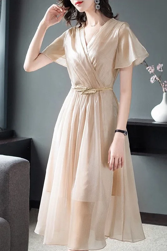 Women's Chic Outerwear Garments Vibrant Femme Fashion Shining Organza Gown W/ Gold Belt