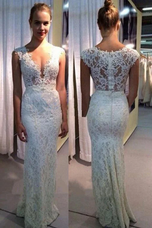 Women's Evening Garments Save On Inspired Styles V-Neck Wedding Dresses Mermaid Lace Sleeveless Wedding Gown Ivory Sexy Beach Wedding Dresses