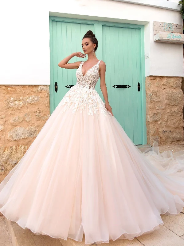 Modern Women's Outfit Cool Prices Gorgeous V Neck Open Back Pink Lace Long Prom Dresses, Pink Lace Formal Evening Dresses, Pink Ball Gown with Train