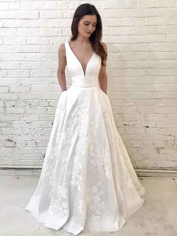 Women's Luxury Apparel Insane Discount Onslaught Unique V Neck Lace Appliques White Long Prom Wedding Dresses, V Neck White Lace Formal Dresses, White Lace Evening Dresses