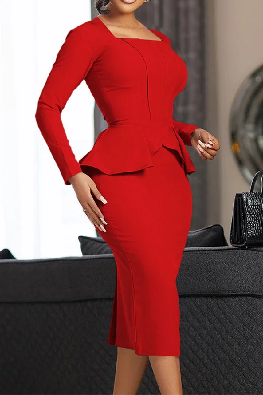 Women's Relaxed Outfit Flash Sales Solid Color Square Collar Classic Peplum Midi Dress