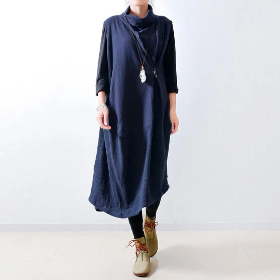 Women's Apparel And Garments Stylish Savings 2024 fall navy linen dresses shoulder zipper design oversized caftans gown