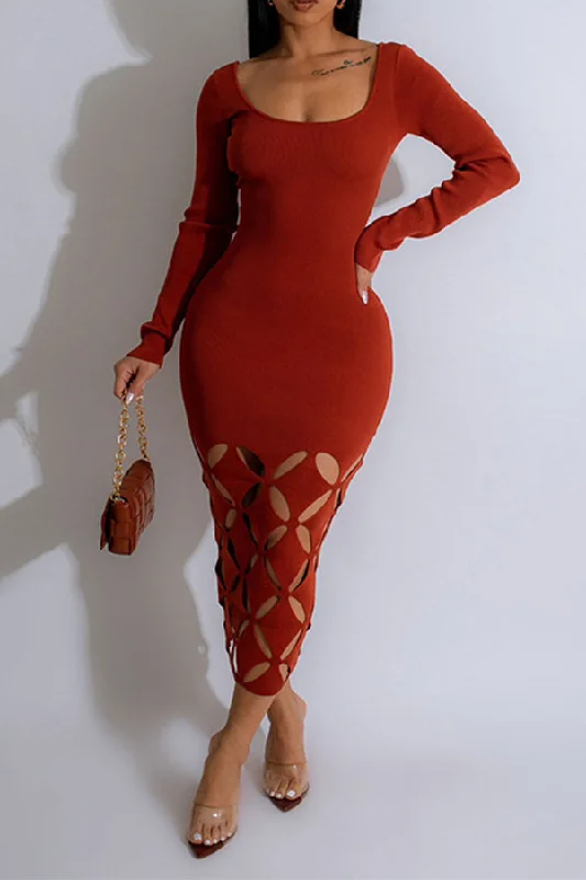 Women's Casual Wear Outfit Fashion Sale Solid Color Romantic Cutout Design Midi Dress