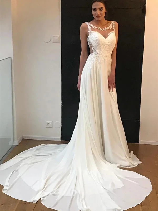 Chic Women's Outfit Elegant Style Elegant Round Neck Lace White Chiffon Wedding Prom Dresses, White Lace Formal Dresses, White Evening Dresses