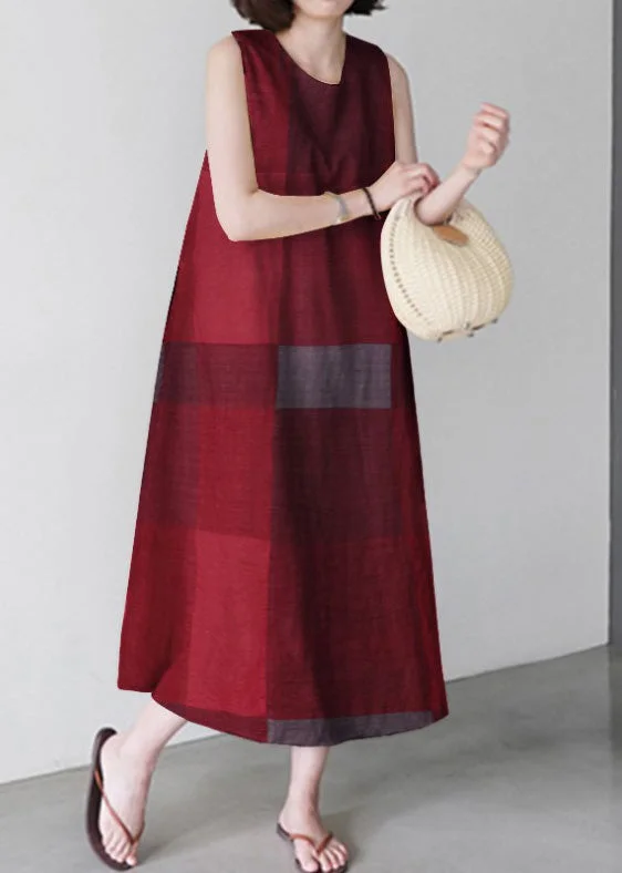 Women's Clothes And Apparel Sets Trend Leading Collection Unique Red O-Neck Plaid Maxi Dress Sleeveless