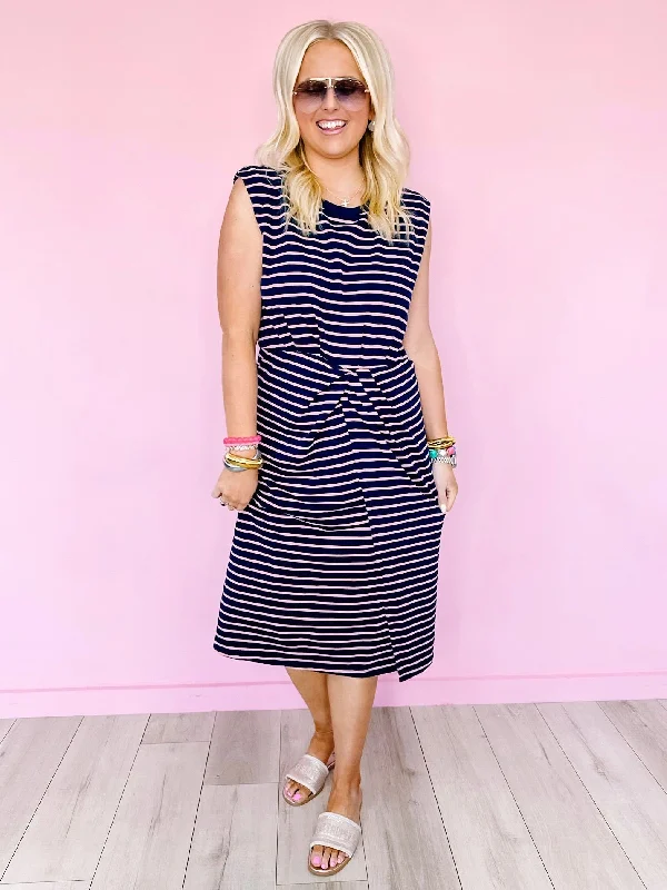 Women's Holiday Apparel Trendy Women's Wear Collection KNOT YOU AVERAGE STRIPE MIDI DRESS - NAVY