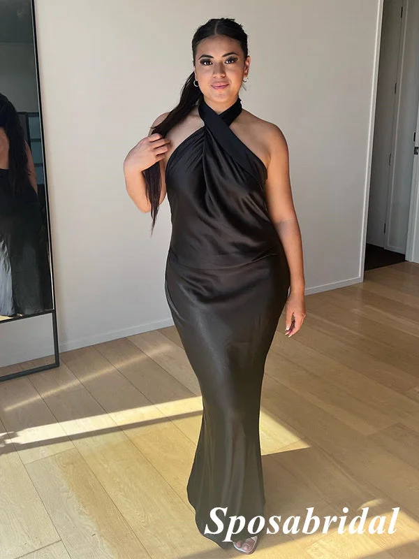 Women's High-Fashion Outfit Flash Sale Starts Sexy Black Soft Satin Halter Sleeveless Mermaid Long Prom Dresses, PD3920