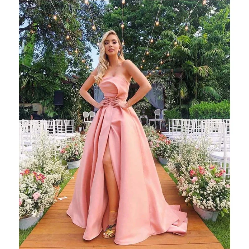 Women's Chic Outerwear Outfit Additional Time-Limited Offers A-line Modest Strapless Pink Satin Prom Dresses PD2348