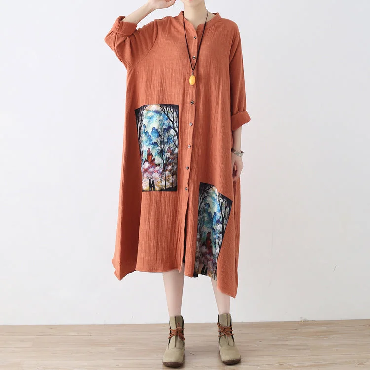 Women's Travel Garments Fashion Essentials baggy orange long linen shirt dress plus size patchwork gown Fine asymmerrical linen caftans