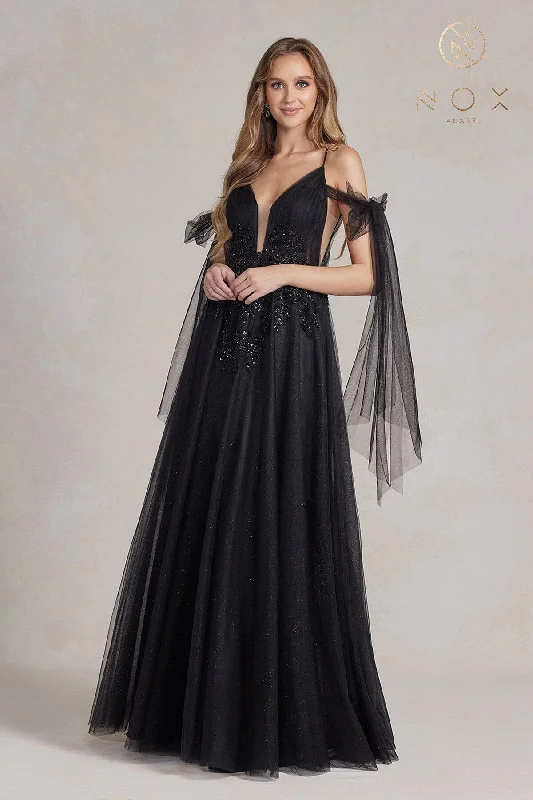 Classic Women's Clothing Styles Earthy Tones Embellished Glitter Tulle Gown by Nox Anabel E1075