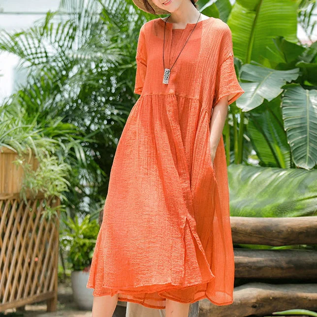 Women's Resort Garments Evening Elegance vintage orange long cotton blended dress plus size clothing v neck baggy two pieces cotton blended gown New short sleeve dresses